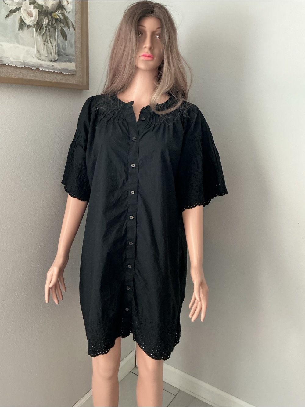 J. Crew Black Button-Front Eyelet Mini Dress